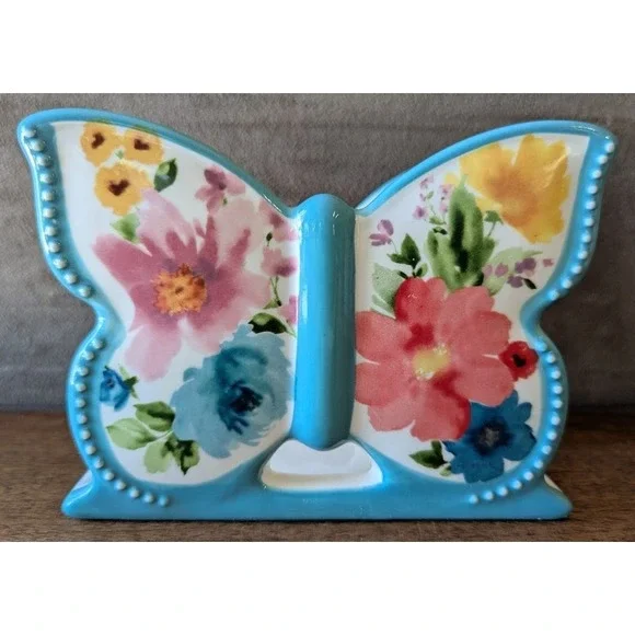 Pioneer Woman Breezy Blossom Butterfly Ceramic Napkin Holder, Teal / Floral - Picture 6 of 9